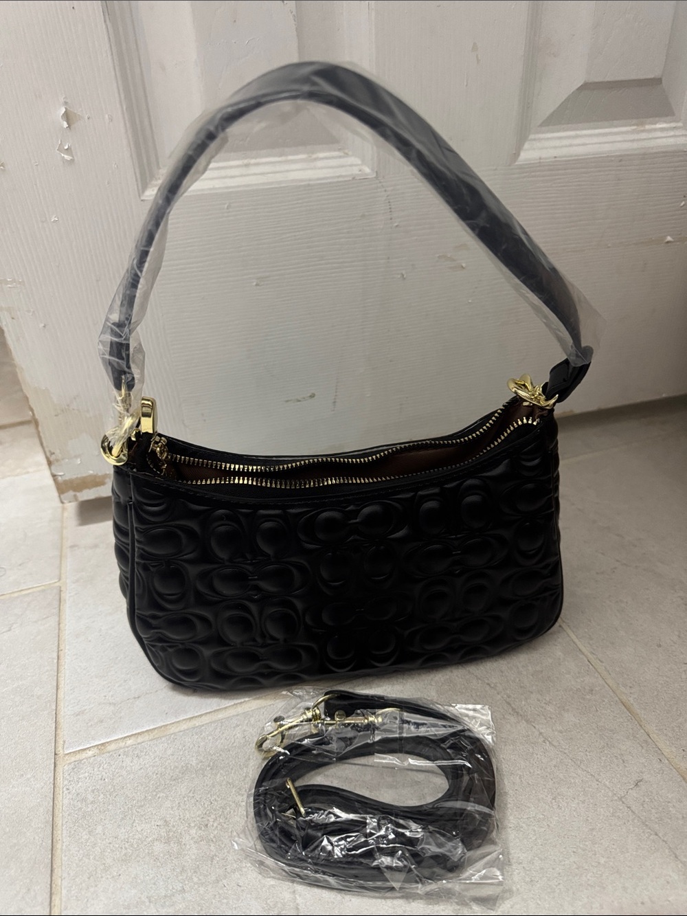 Black Embossed Leather Shoulder Bag with Gold Hardware